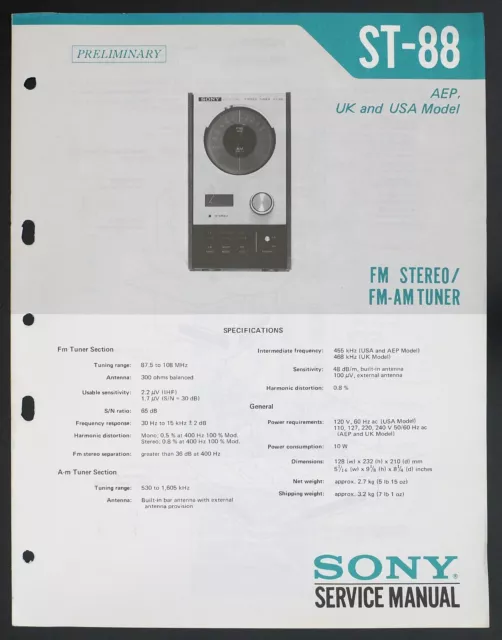 Original SONY ST-88 FM/AM Stereo Tuner Service-Manual/Diagram/Parts List o133