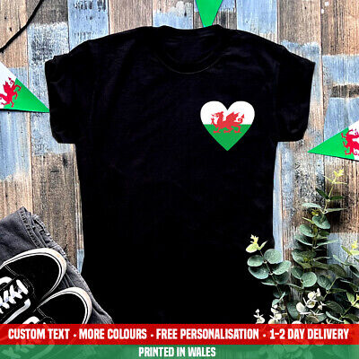 Ladies Wales Pocket Heart T Shirt Love Flag Welsh Cymru Football Rugby Gift Top