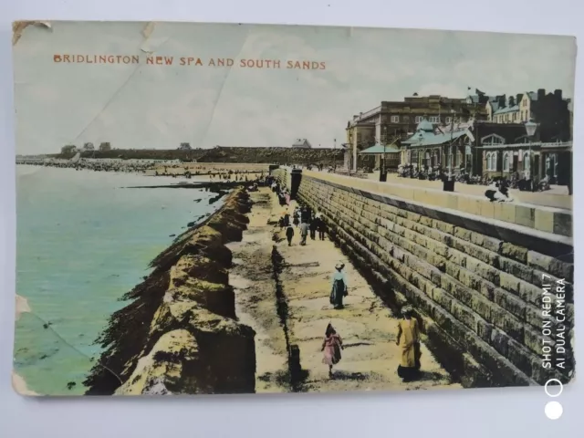 old postcard, bridlington, yorkshire, badly creased