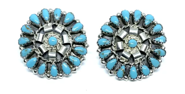 Native American Sterling Silver Navajo Handmade Turquoise Cluster Post  Earrings