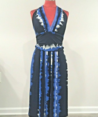 Maggie London size 10 blue black & white halter dress sleeveless romantic casual