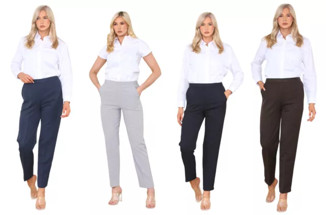 Ladies Trouser Half Elasticated Bi Stretch Waist Work Office Everyday Wear Pants