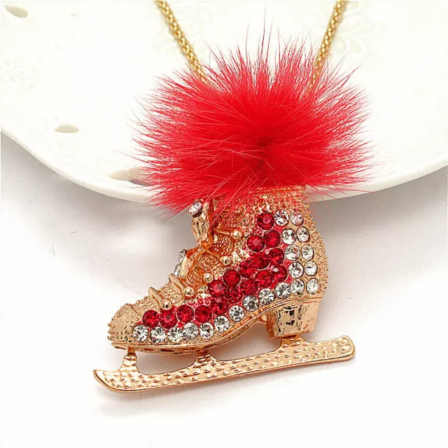 New Fashion Women Crystal Red Plush Ball Skates Bling Rhinestone Chain Necklace
