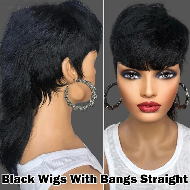 Short Pixie Cut Wigs Black Wigs W/Bangs Straight Brazilian Human Hair Hair B7C8