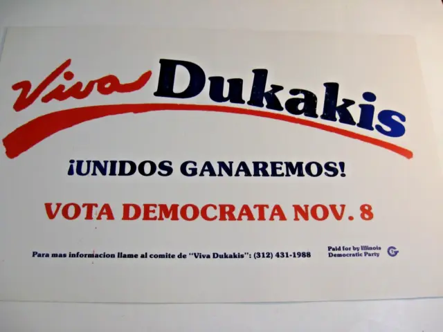 Dukakis Presidential Campaign Poster 1988 In Spanish Unidos Ganaremos!  Illinois