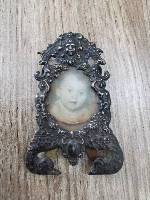 Antique 19c Victorian Era Ornate Silver Small Miniature Photo Picture Desk Frame