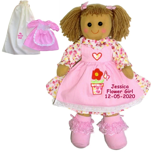 Personalised Rag Doll Bridesmaid Flower Girl Dolly Wedding GIFT + BAG & DRESS
