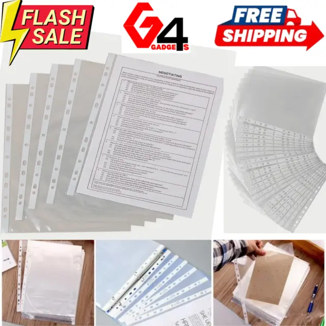 A4 Clear Plastic Poly Punched Pockets Strong Filing Wallets Sleeves Protector