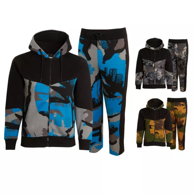 Kids Boys Camouflage Tracksuit Hooded Top Bottom Zip Track Hoodie Jog Suit 5-14