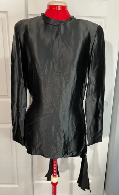 ANTIQUE SILK SATIN 1940's EISENBERG ORIGINAL BLACK DRESS SHIRT DESIGNER HANDMADE