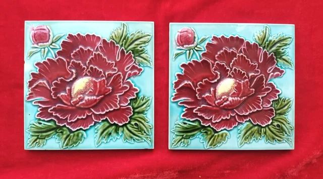 2 Piece Old Art Embossed Rose Flower Design Majolica Ceramic Tiles Japan 0343 2