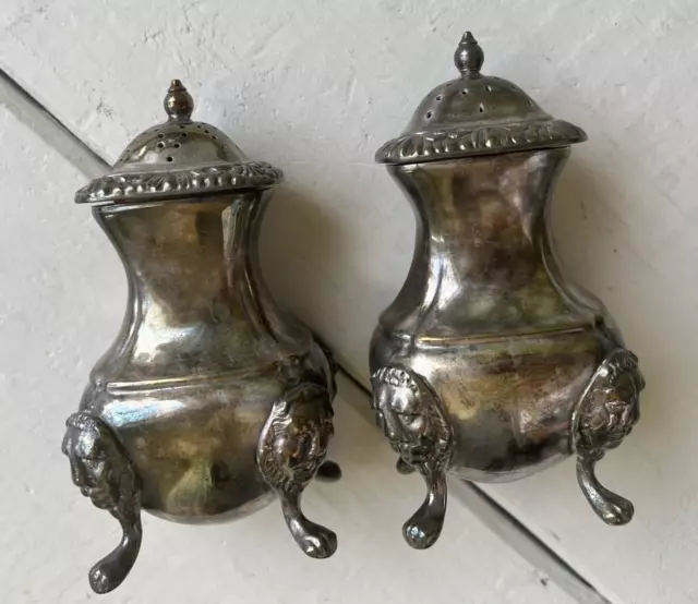 Antique Ellis Barker Lion Head Footed Silver Plate S&P Shakers