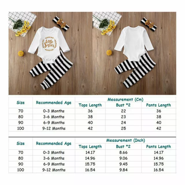 Newborn Baby Girl Romper Bodysuit Stripe Pants Headband Outfits Clothes Set 3