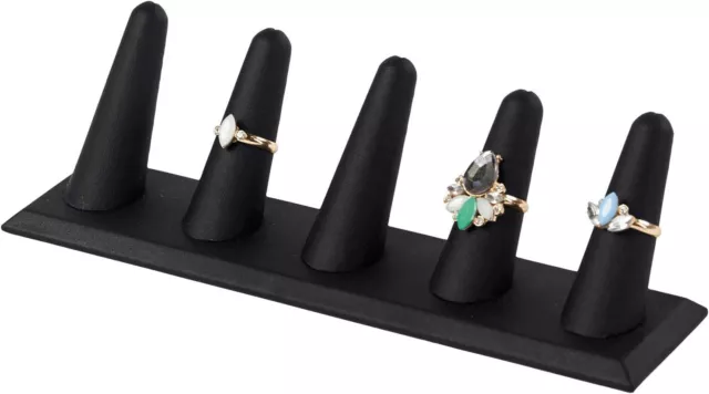 Set of 6 Displays 5-Finger Ring Jewelry Black Faux Leather 8" x 2" x 2 ¼" Rings