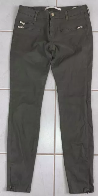 ZARA WOMAN Ladies Stretch Ankle zip coated jeans pants. Sz EUR 38 (au 10). Khaki