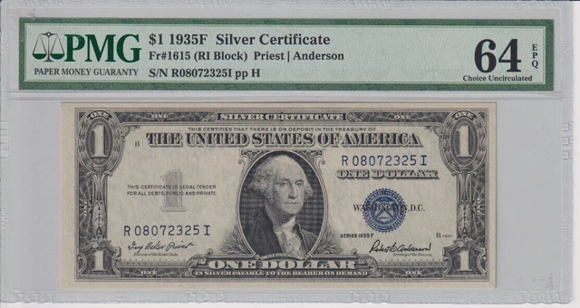 Fr 1615 1935F $1 SC R08072325I PMG 64EPQ SERIES 1935-F SILVER CERTIFICATE NOTE