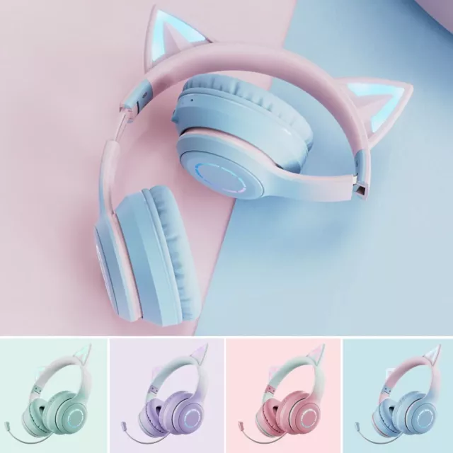 Foldable Gaming Cat Ear LED Mic Helmet Bluetooth Headphones Wireless Headset