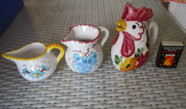 Made in Italy - small colourful pottery jugs x 3 inluding rooster shape