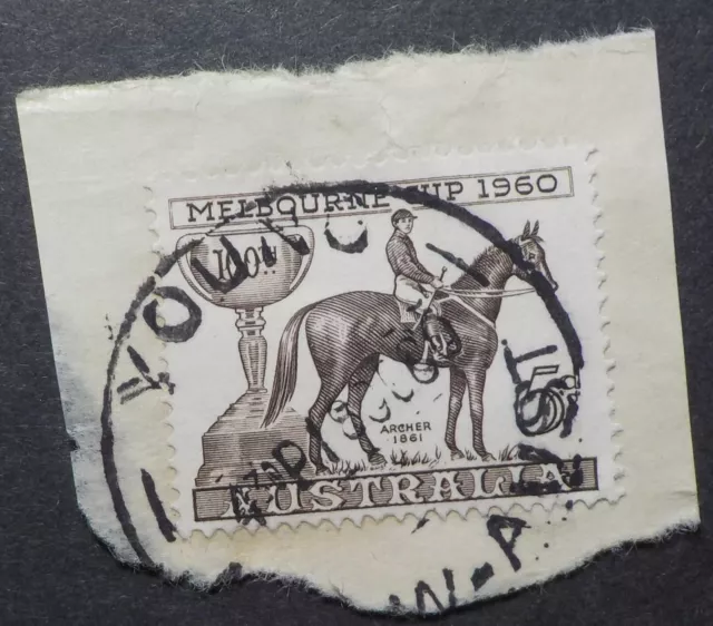 1960 Young.NSW.CDS Postmark on piece.5d Melbourne Cup(LotE424p)