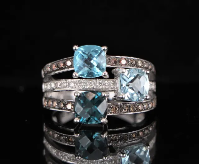 Levian 14k White Gold Aquamarine Blue Topaz Chocolate Diamond Cocktail Ring 7