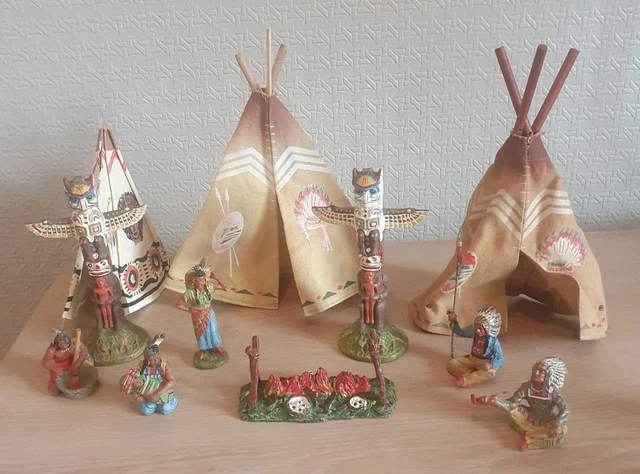 Jouet Ancien Figurines Elastolin Composition Indien Totem Tipi