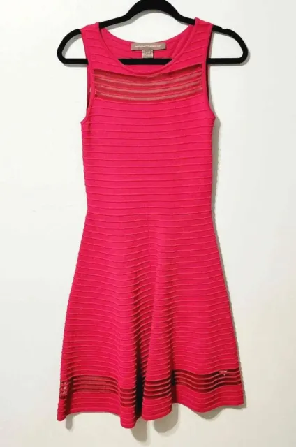 French Connection Hot Pink Striped Dress with PeekaBoo Mesh . Size 6. A-Line.
