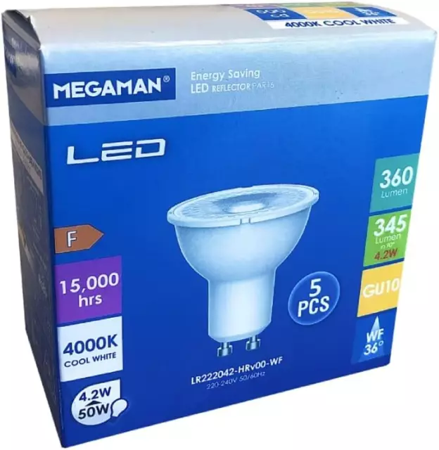 Megaman Pack mit 5 x LED GU10 Glühbirnen 4,2 W 36 Grad 4000K kühlweiß 710391E