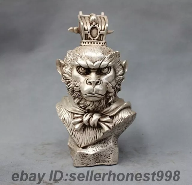 China Sun Wukong Monkey Fighting over the Buddha Bust Tibet Silver Statue