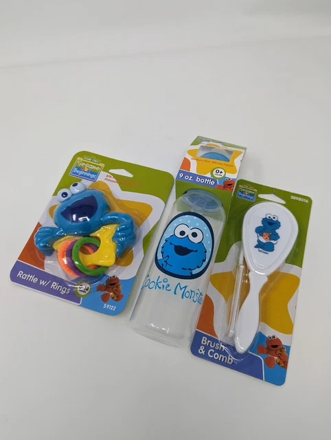 Baby shower gift: Sesame Street Cookie Monster Bottle + Rattle + Brush & Comb