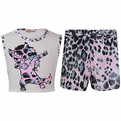 Kids Girls Crop & Short Dabbing Unicorn Fashion White Top Summer Outfit Set 7-13