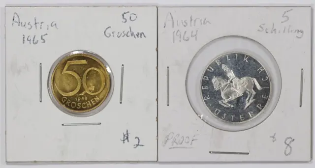 World Coins Lot of 2 - Austria 1964 & 1965 5 schilling and 50 groschen