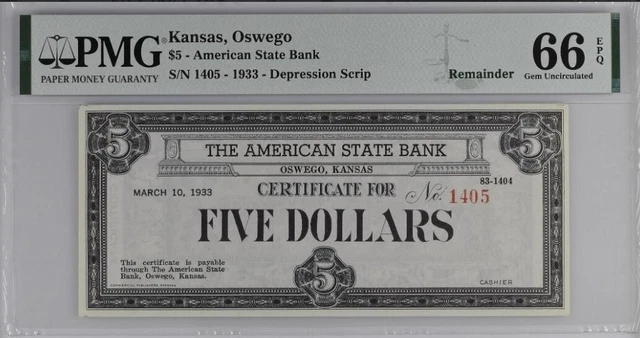 $5 1933 America State Bank, Kansas Reminder PMG 66 UNC EPQ