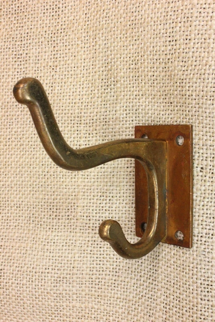 Old Coat Double Hook Square Base School House Tarnish Cast Brass Bronze Vintage