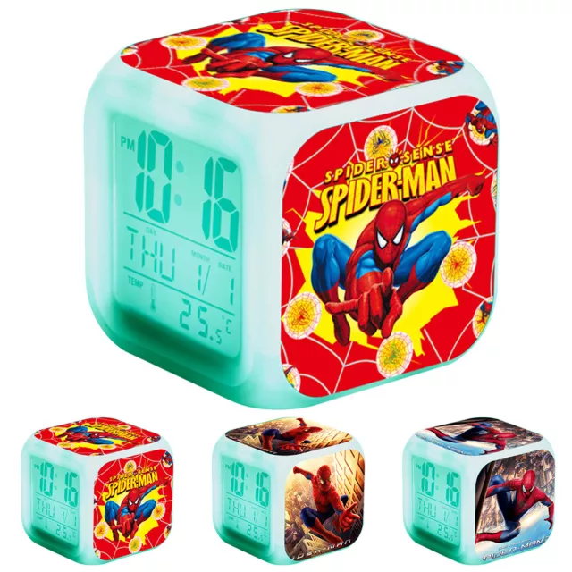 Spiderman Cartoon 7 Color Changing Night Light Digital Alarm Clock Kids Fun Gift