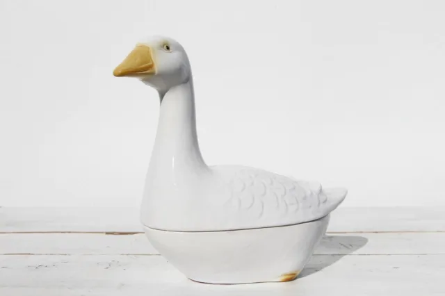 1970s French Majolica White Gosling Goose Pâté Tureen, Michel Caugant