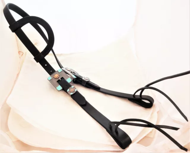 Turquoise Buckles Black Harness Leather One Ear Headstall Horse Tack Water Ties