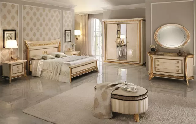 Schlafzimmer Set Design Bett 2x Nachttisch Kommode Hocker arredoclassic 7tlg.