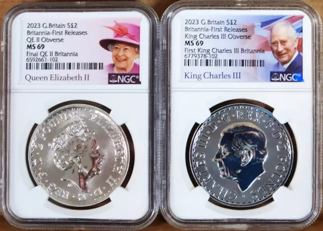 2 coin set 2023 uk 2 pound silver britannia QE II and KC III effigy ngc ms69 fr