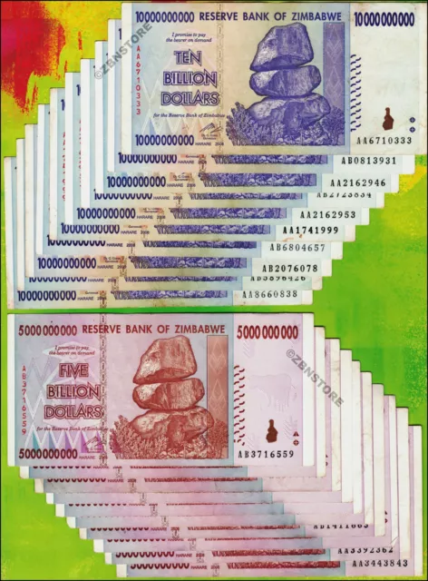 10 x 10 Billion + 10 x 5 Billion Zimbabwe Dollars Banknotes AA AB 2008 Genuine