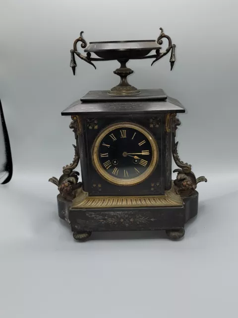 Antique French Black Slate and Iron Mantle  clock.  Working!