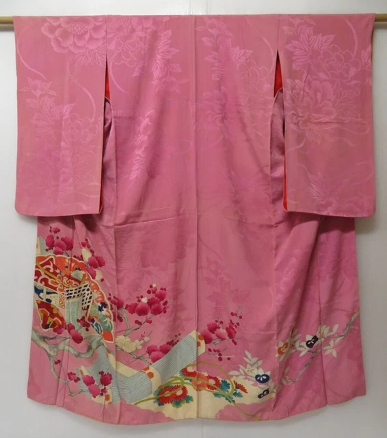 2211T05z690 Antique Japanese Kimono Silk CHU-FURISODE Plum blossom Dull pink