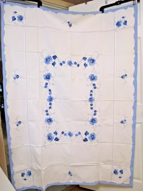 Vintage Tablecloth Fabric Blue Floral Cotton Banquet Rectangle 50x67 Applique