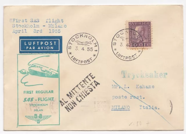 Sweden Old Cover First SAS Regular Flight Stockholm - Milan 1955