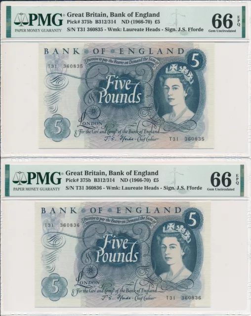 Bank of England Great Britain  5 Pounds 1966-70  PMG  66EPQ 2 Pcs in cont. no