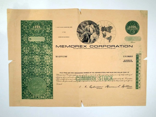 CA. Memorex Corp., ND(ca.1970s). 100 Shrs Proof Stock Cert. XF-AU condition