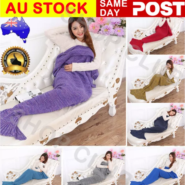 Knitted Crochet Mermaid Tail Blanket Teen Adult Size Sofa Wrap Quilt Costumes AU