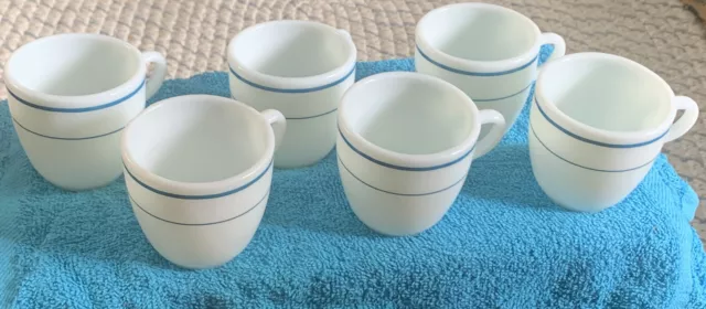 6 PYREX Restaurant Ware Turquoise Stripes White Milk Glass Mug Coffee Corning