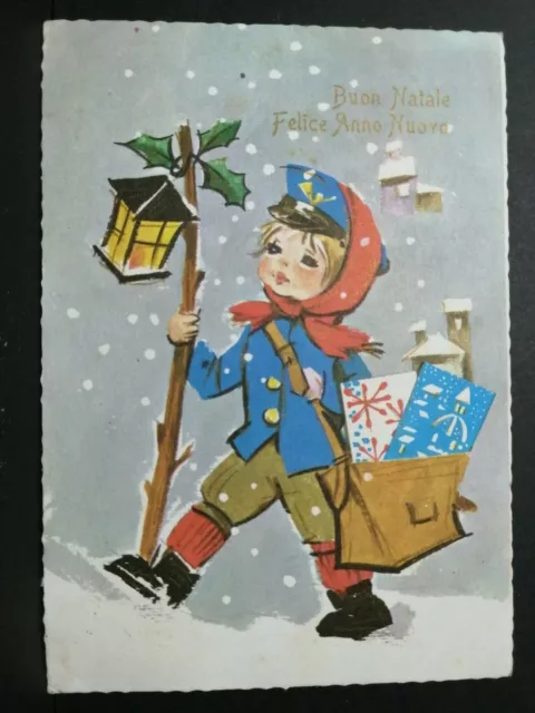 Cartolina Buon Natale Bambino Postino Lanterna KARTOS 4916 Z459