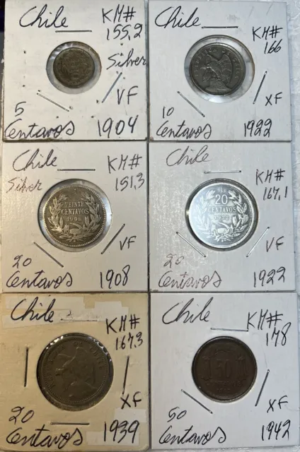1904 - 1942 Chile 5, 10, 20 & 50 Centavos VF - XF Condition 6 Coin Lot, 2 Silver