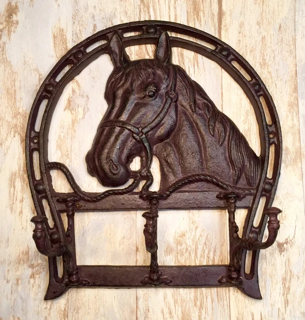 Cast Iron Horse Head & Horseshoe Wall-Mount Vintage Coat/Towel Rack Holder